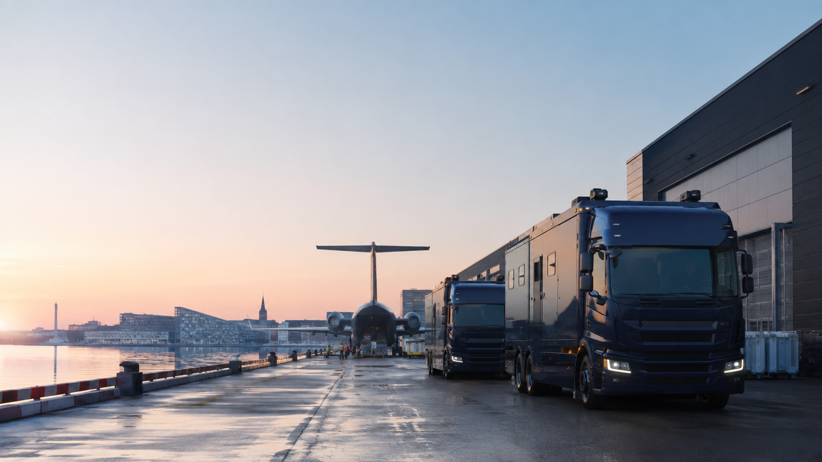 Secure logistics convoy at a Copenhagen waterfront air cargo facility